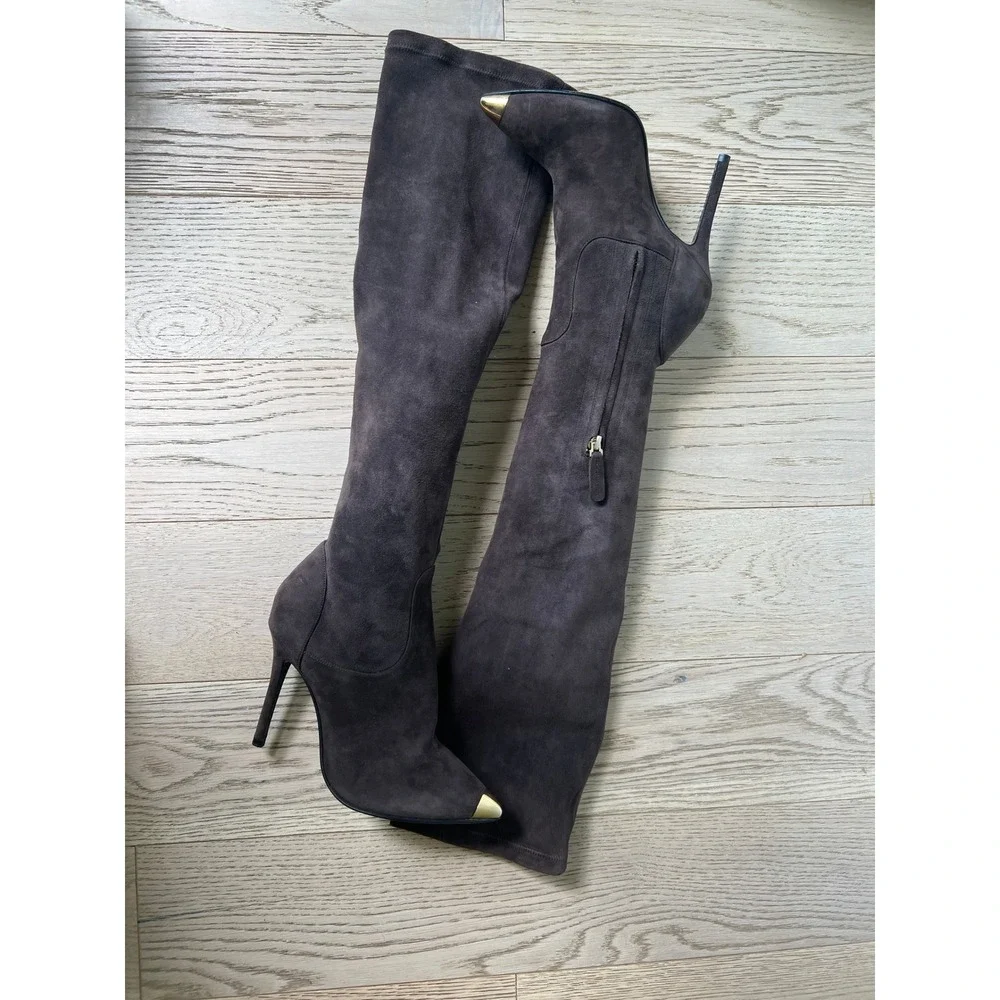 BALDAN Italy Brown Suede Over-The-Knee Boots Gold Cap Toe Stiletto 36 NWOB